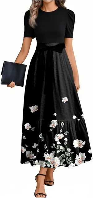 Summer Dresses for Women 2025 Maxi Short Sleeve Flowy Floral Empire Waist Dress Elegant Long Sundress with Belt