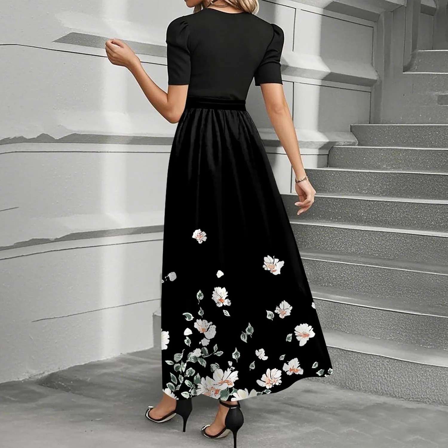 Summer Dresses for Women 2025 Maxi Short Sleeve Flowy Floral Empire Waist Dress Elegant Long Sundress with Belt