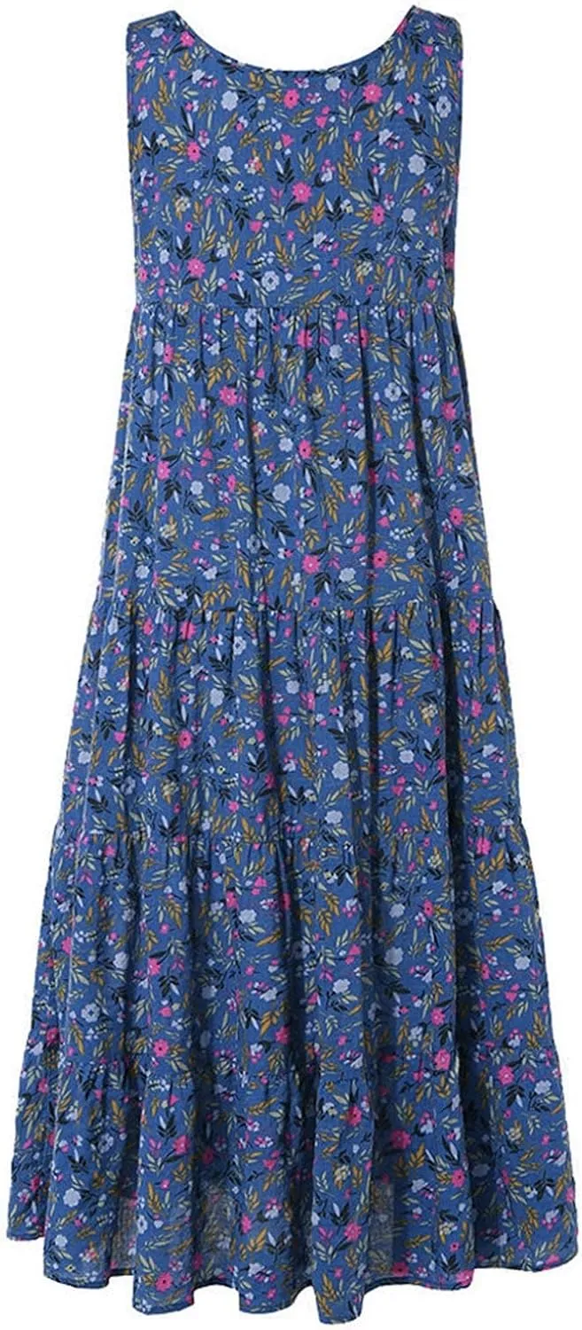 Summer Dresses for Women 2025 Relaxed Fit Sleeveless Floar Print Maxi Sundress Smocked Boho Summer Beach Dress