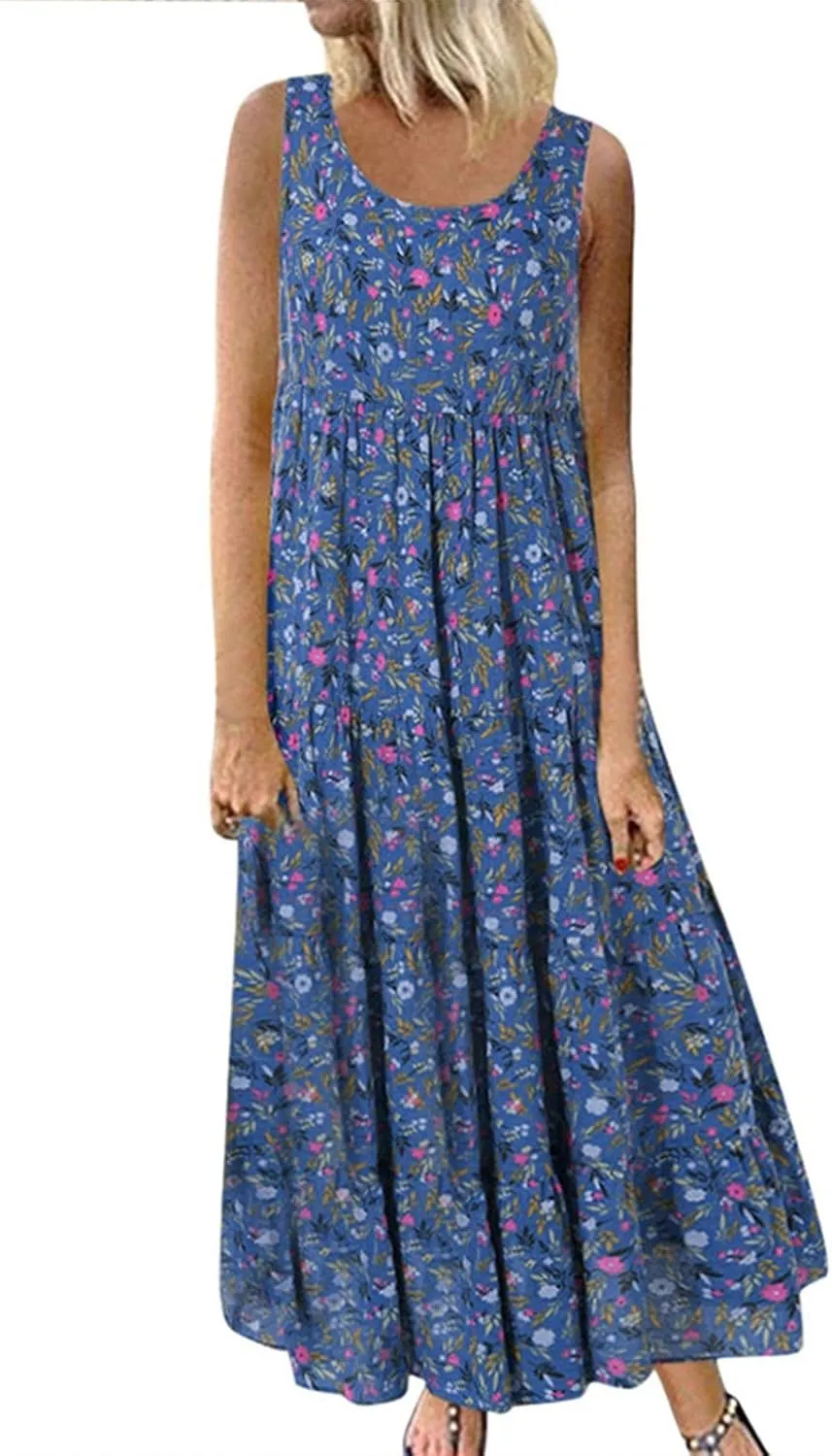 Summer Dresses for Women 2025 Relaxed Fit Sleeveless Floar Print Maxi Sundress Smocked Boho Summer Beach Dress