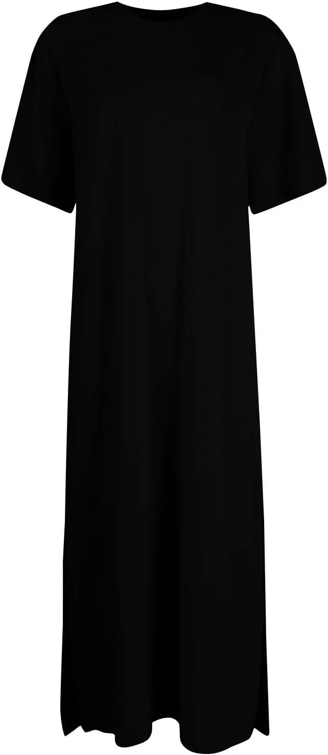 Summer Dresses for Women 2025 Short Sleeve Double Split Casual Plain Loose Maxi Long T Shirt Dress