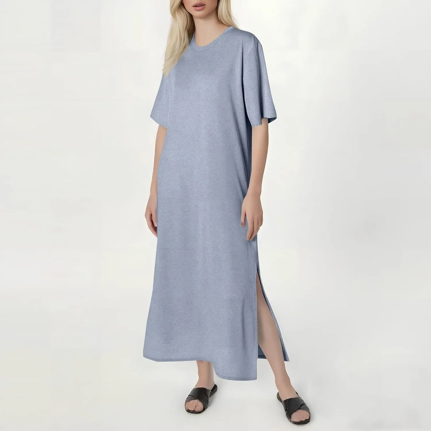 Summer Dresses for Women 2025 Short Sleeve Double Split Casual Plain Loose Maxi Long T Shirt Dress