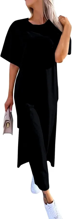 Summer Dresses for Women 2025 Short Sleeve Double Split Casual Plain Loose Maxi Long T Shirt Dress