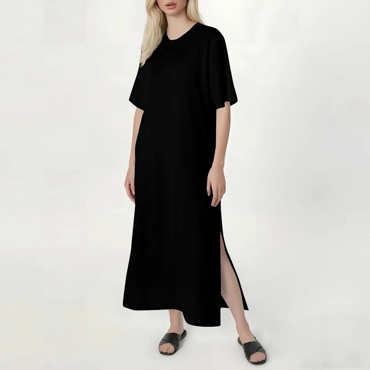 Summer Dresses for Women 2025 Short Sleeve Double Split Casual Plain Loose Maxi Long T Shirt Dress