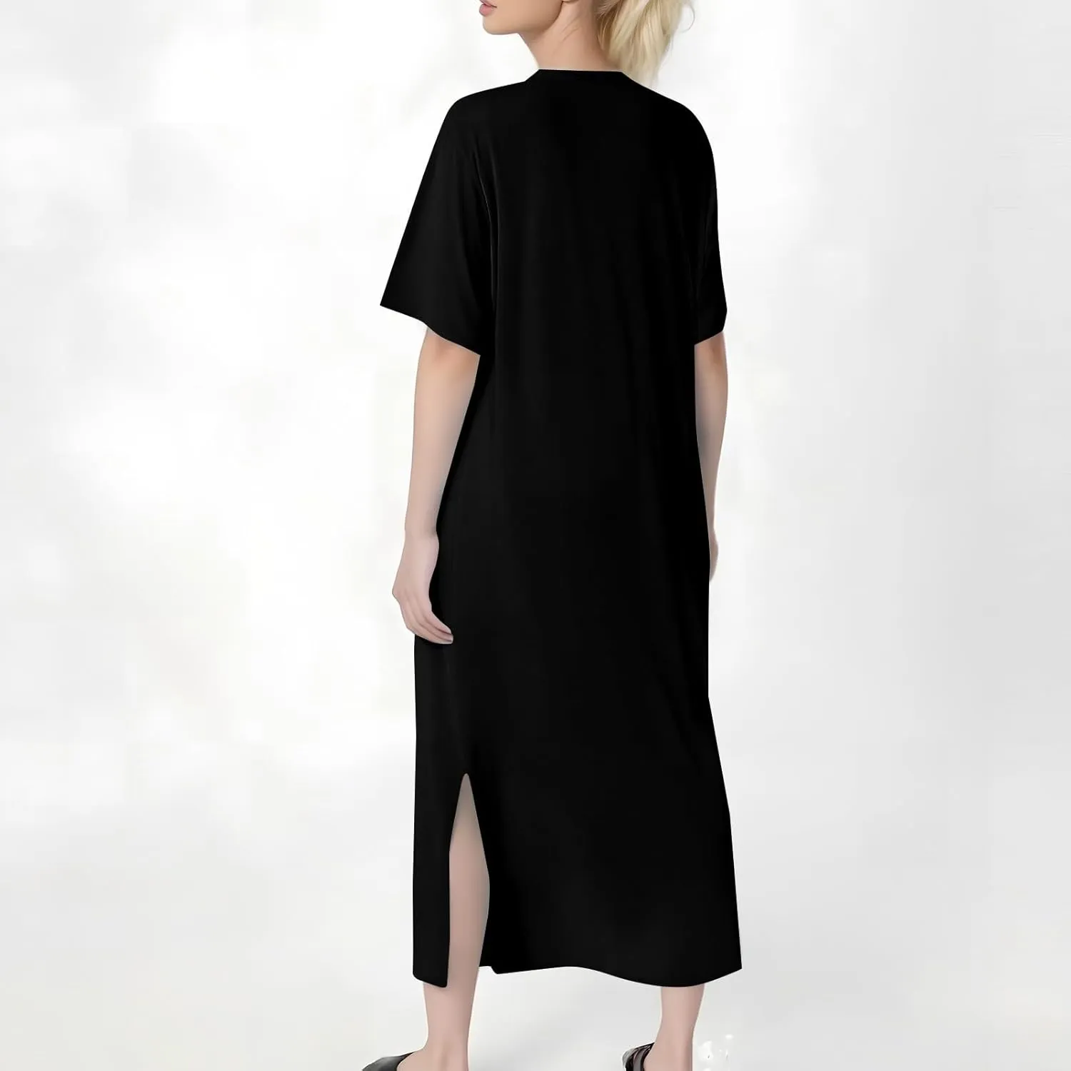Summer Dresses for Women 2025 Short Sleeve Double Split Casual Plain Loose Maxi Long T Shirt Dress