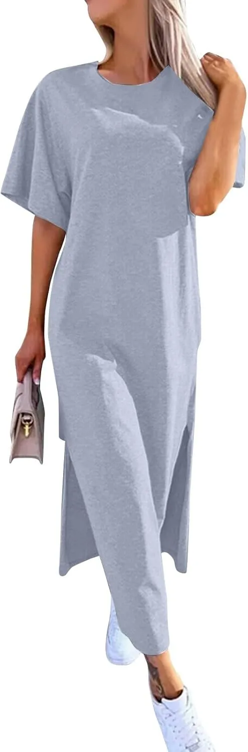 Summer Dresses for Women 2025 Short Sleeve Double Split Casual Plain Loose Maxi Long T Shirt Dress