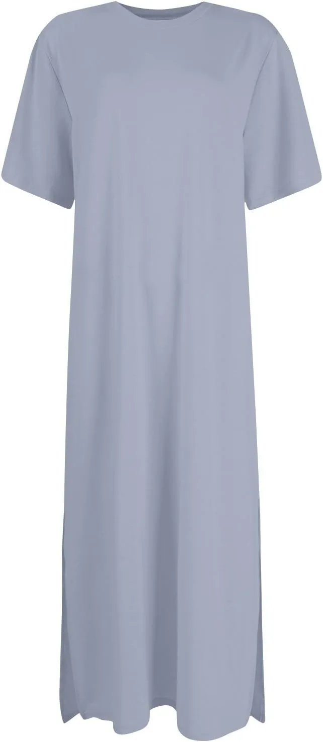 Summer Dresses for Women 2025 Short Sleeve Double Split Casual Plain Loose Maxi Long T Shirt Dress