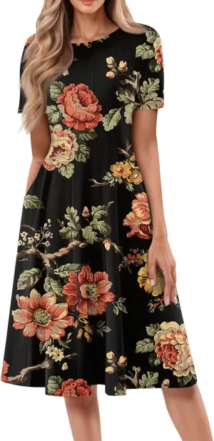 Summer Dresses for Women 2025 Short Sleeve Dresses Empire Waist Wrap Dress Business Boho Dress Midi with Pocket