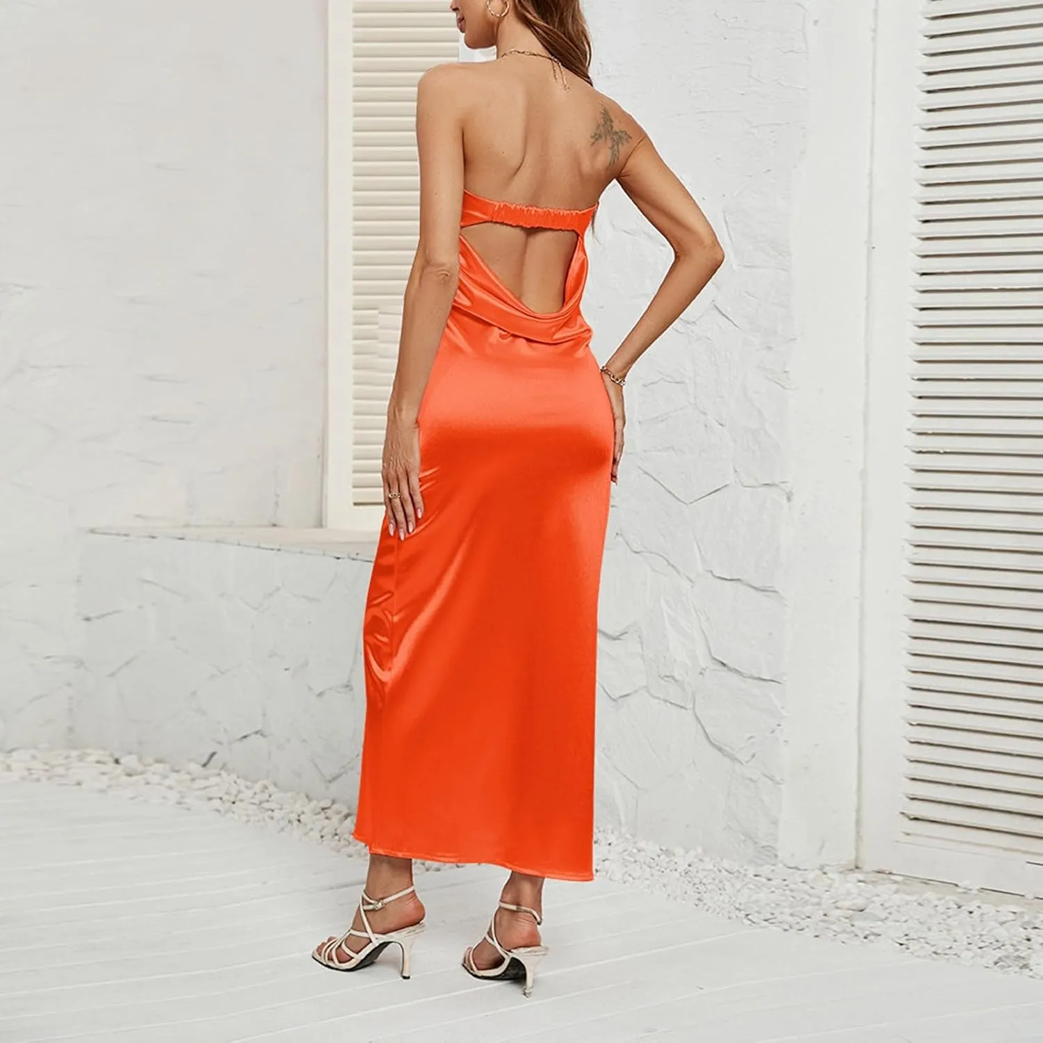 Summer Dresses for Women 2025 Strapless Satin Tube Bodycon Backless Party Wedding Guest Long Maxi Dress