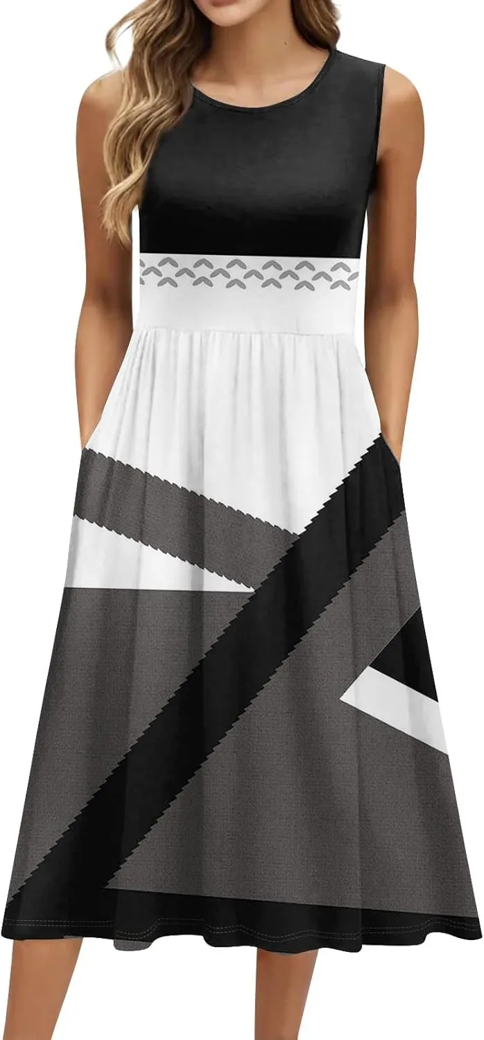 Summer Dresses for Women Beach Tank Dresses Flowy Floral A-Line Sundresses Casual Sleeveless Mid Dress with Pockets
