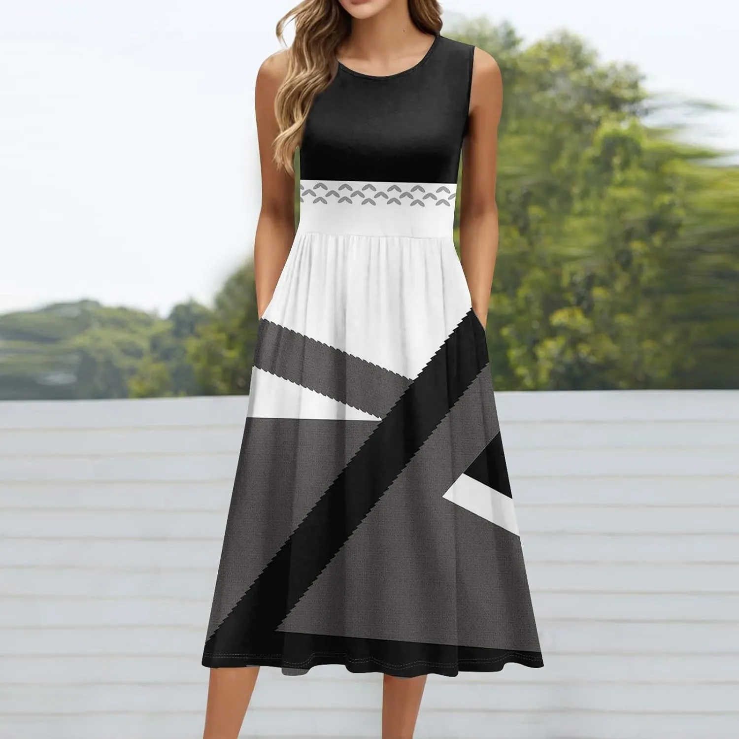 Summer Dresses for Women Beach Tank Dresses Flowy Floral A-Line Sundresses Casual Sleeveless Mid Dress with Pockets