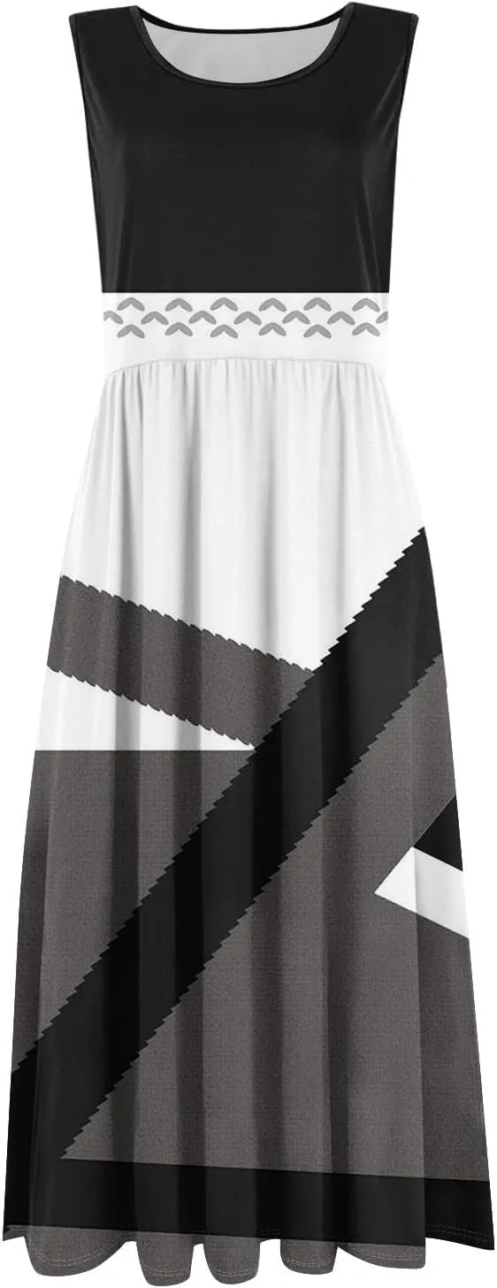Summer Dresses for Women Beach Tank Dresses Flowy Floral A-Line Sundresses Casual Sleeveless Mid Dress with Pockets