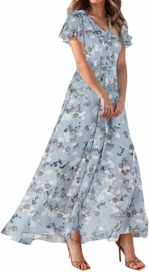 Summer Dresses for Women Highwaisted Flowy Maxi Dress Chiffon Ruffle Sleeve Boho Floral Dresses Western Wedding Dress