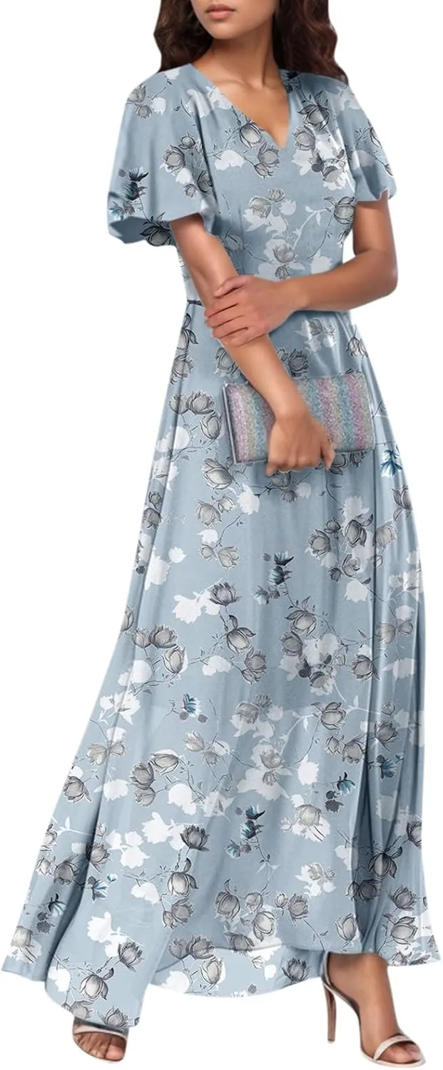 Summer Dresses for Women Highwaisted Flowy Maxi Dress Chiffon Ruffle Sleeve Boho Floral Dresses Western Wedding Dress