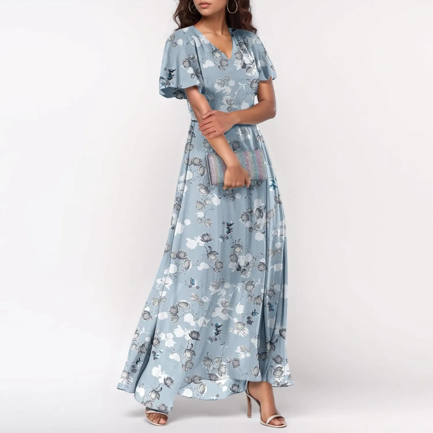 Summer Dresses for Women Highwaisted Flowy Maxi Dress Chiffon Ruffle Sleeve Boho Floral Dresses Western Wedding Dress
