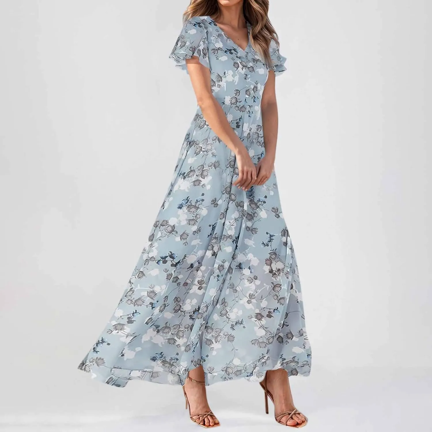 Summer Dresses for Women Highwaisted Flowy Maxi Dress Chiffon Ruffle Sleeve Boho Floral Dresses Western Wedding Dress