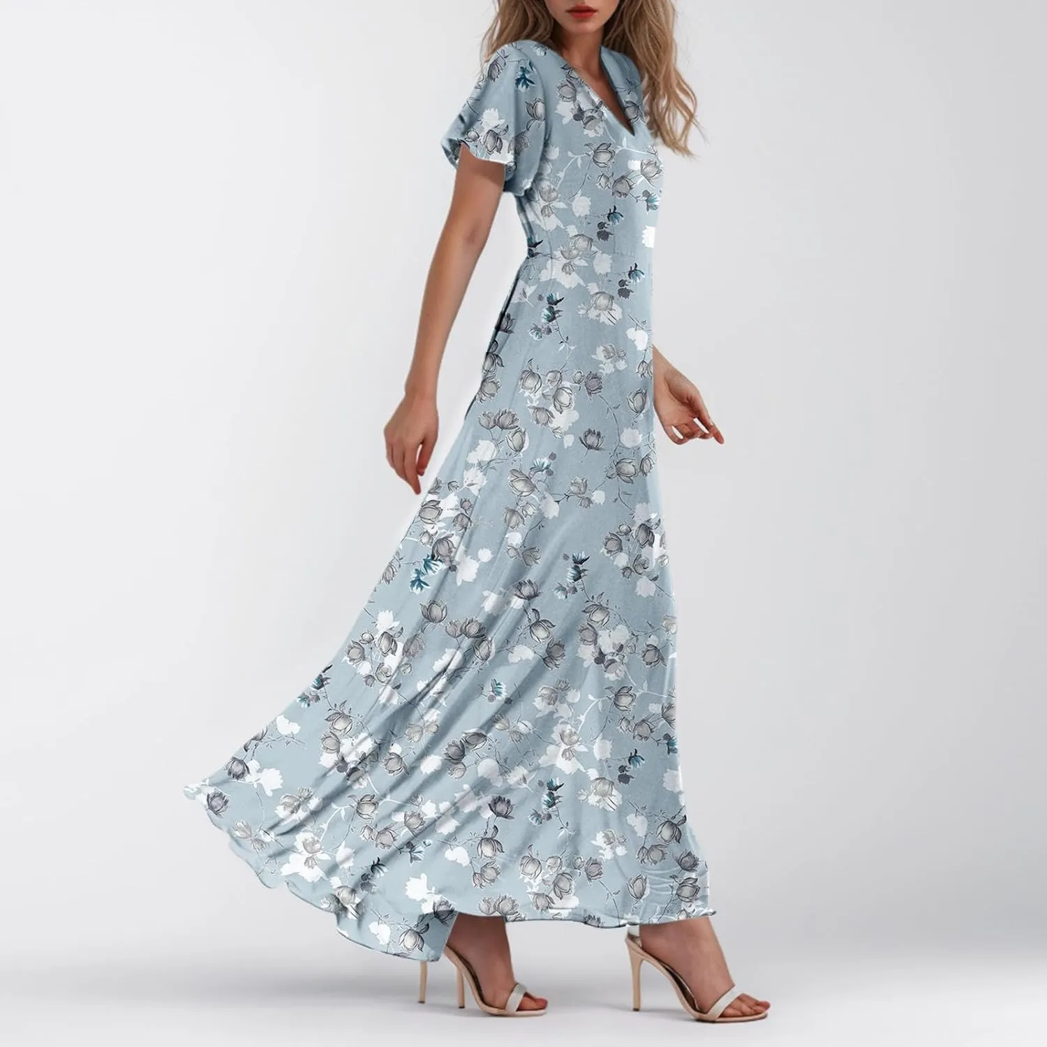Summer Dresses for Women Highwaisted Flowy Maxi Dress Chiffon Ruffle Sleeve Boho Floral Dresses Western Wedding Dress