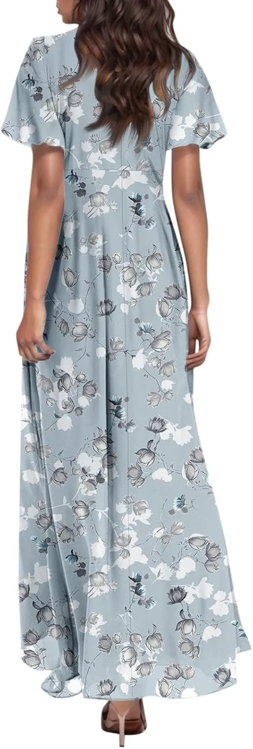 Summer Dresses for Women Highwaisted Flowy Maxi Dress Chiffon Ruffle Sleeve Boho Floral Dresses Western Wedding Dress