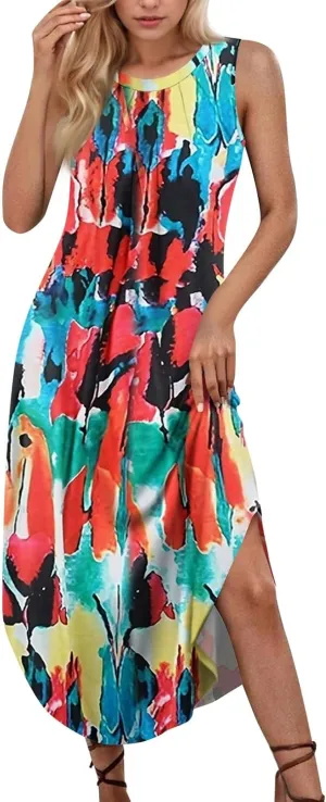 Summer Dresses for Women Loose Sundresses Prited Beach Tshirt Tank Dresses Casual Sleeveless Maxi Long Dress with Pockets