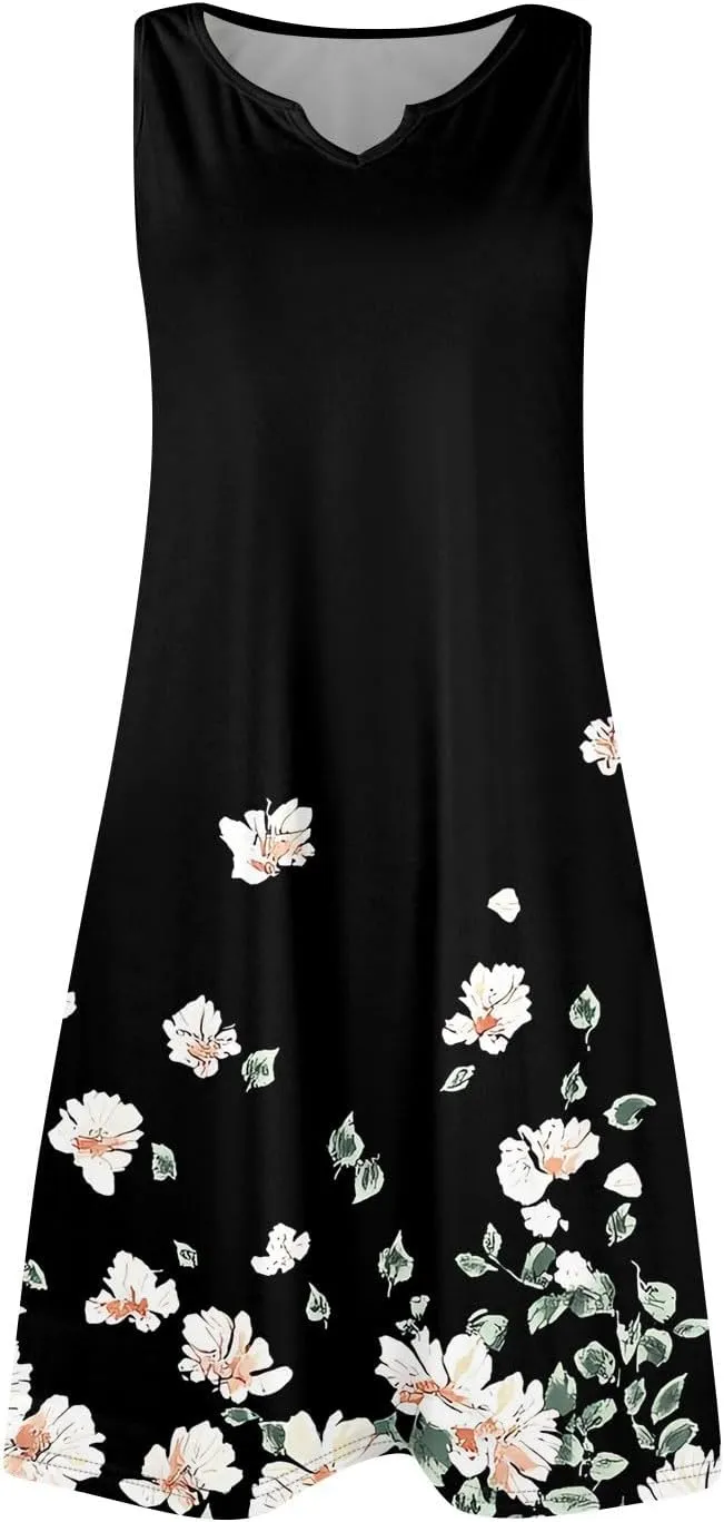 Summer Dresses for Women V-Neck Sleep Dress Casual Beach Tank Dress Sleeveless Sundresses Loose Floral T Shirt Dresses