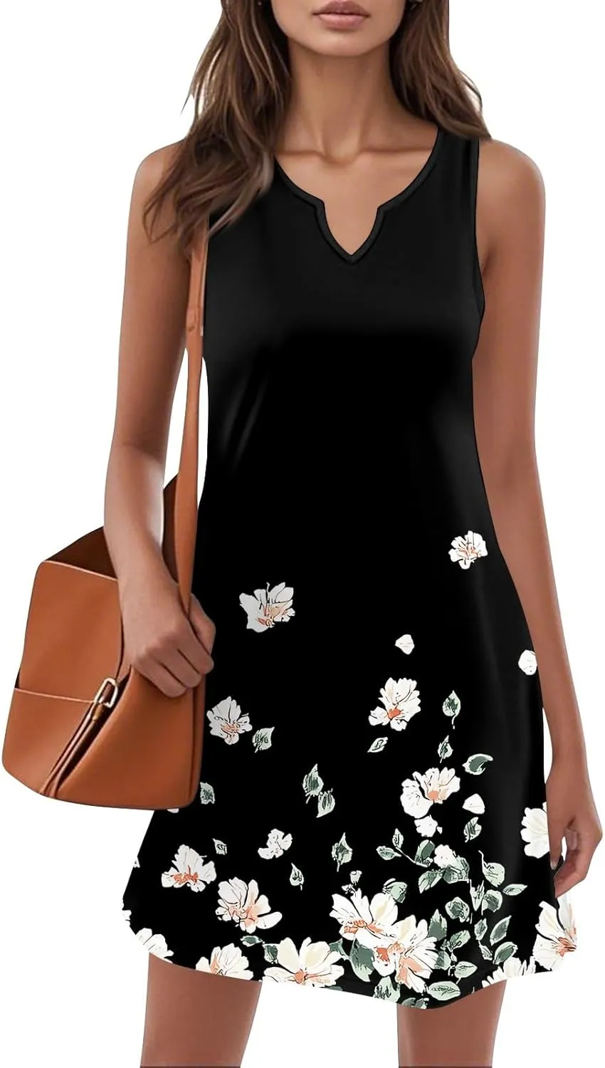 Summer Dresses for Women V-Neck Sleep Dress Casual Beach Tank Dress Sleeveless Sundresses Loose Floral T Shirt Dresses