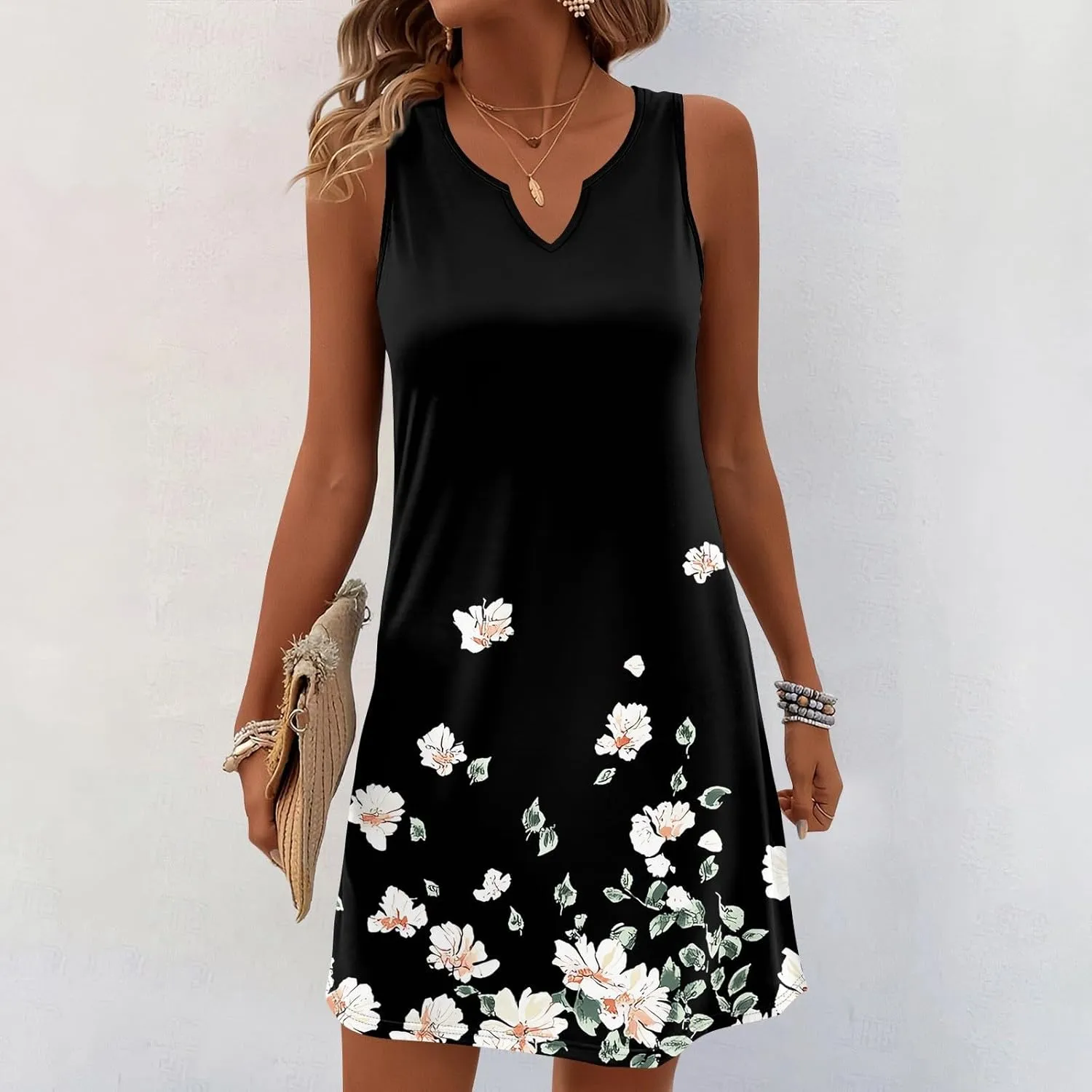 Summer Dresses for Women V-Neck Sleep Dress Casual Beach Tank Dress Sleeveless Sundresses Loose Floral T Shirt Dresses
