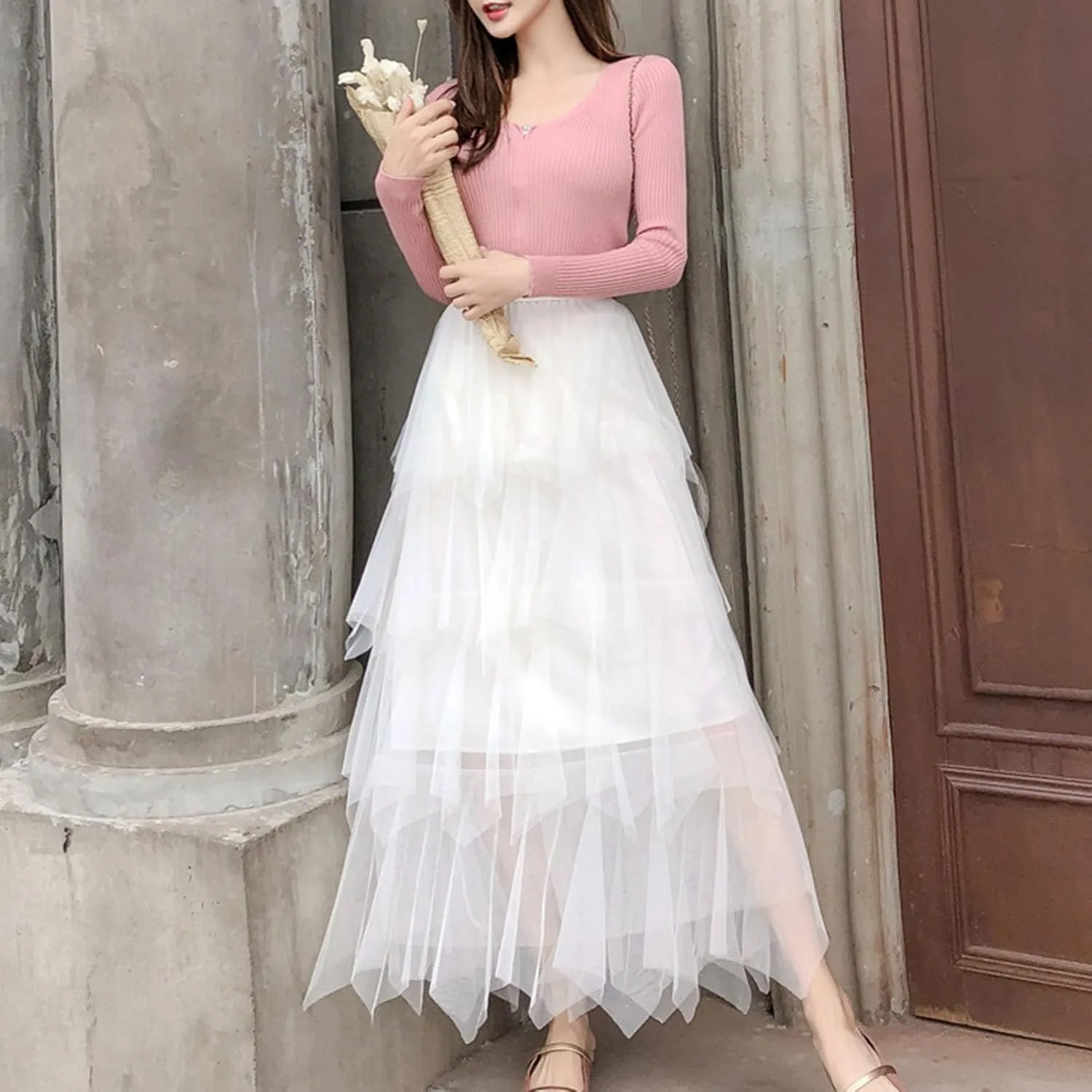Summer Maxi Skirt for Women Multi Layer Pleated Sheer Ruffles A-Line Casual Long Skirts High Elastic Waist Dress