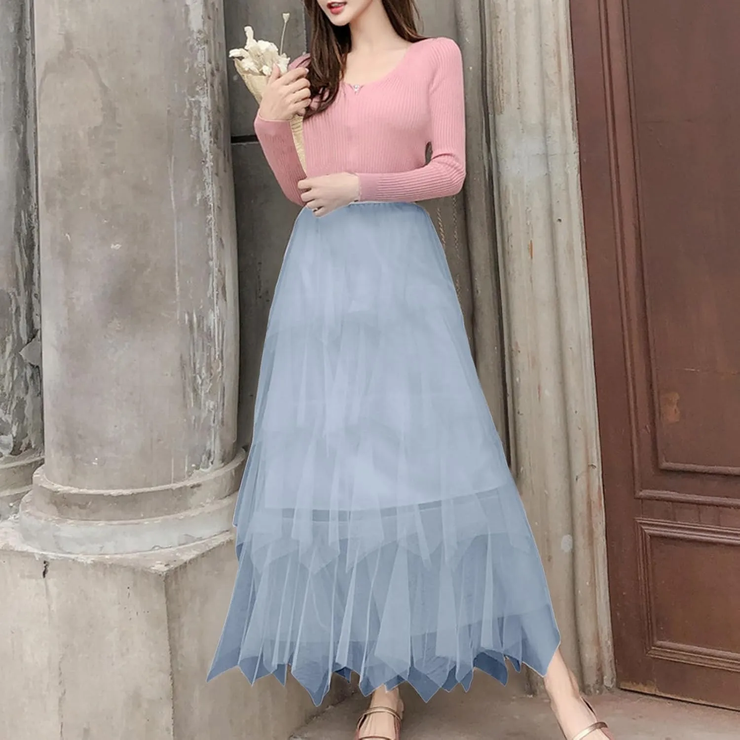 Summer Maxi Skirt for Women Multi Layer Pleated Sheer Ruffles A-Line Casual Long Skirts High Elastic Waist Dress