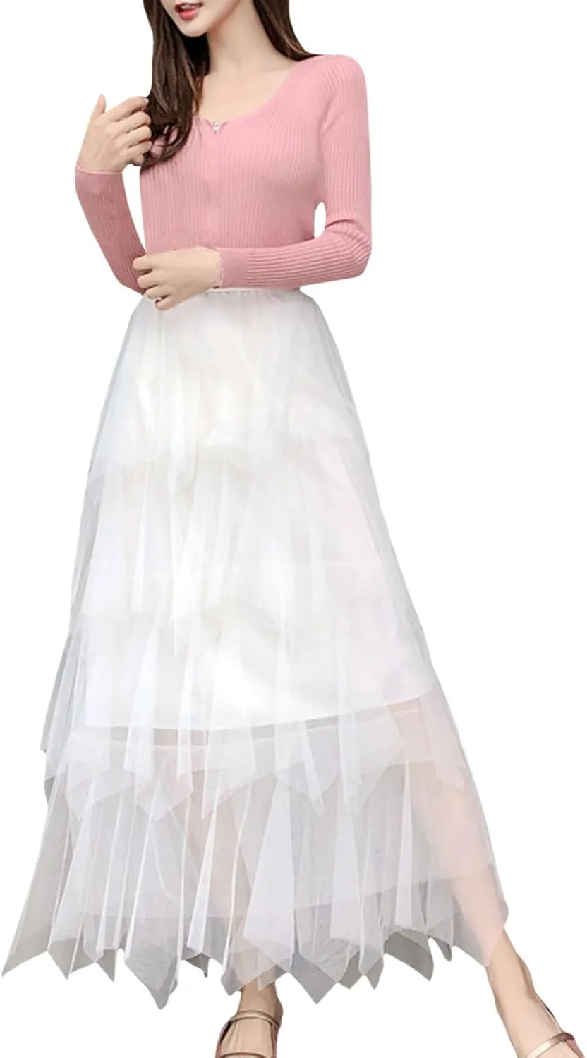 Summer Maxi Skirt for Women Multi Layer Pleated Sheer Ruffles A-Line Casual Long Skirts High Elastic Waist Dress