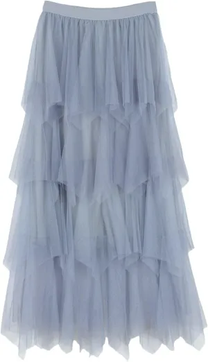 Summer Maxi Skirt for Women Multi Layer Pleated Sheer Ruffles A-Line Casual Long Skirts High Elastic Waist Dress