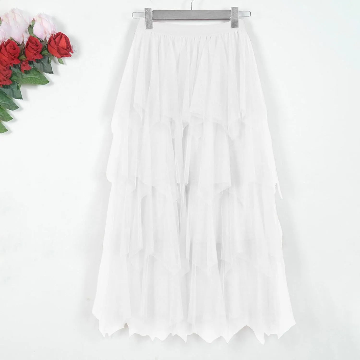 Summer Maxi Skirt for Women Multi Layer Pleated Sheer Ruffles A-Line Casual Long Skirts High Elastic Waist Dress