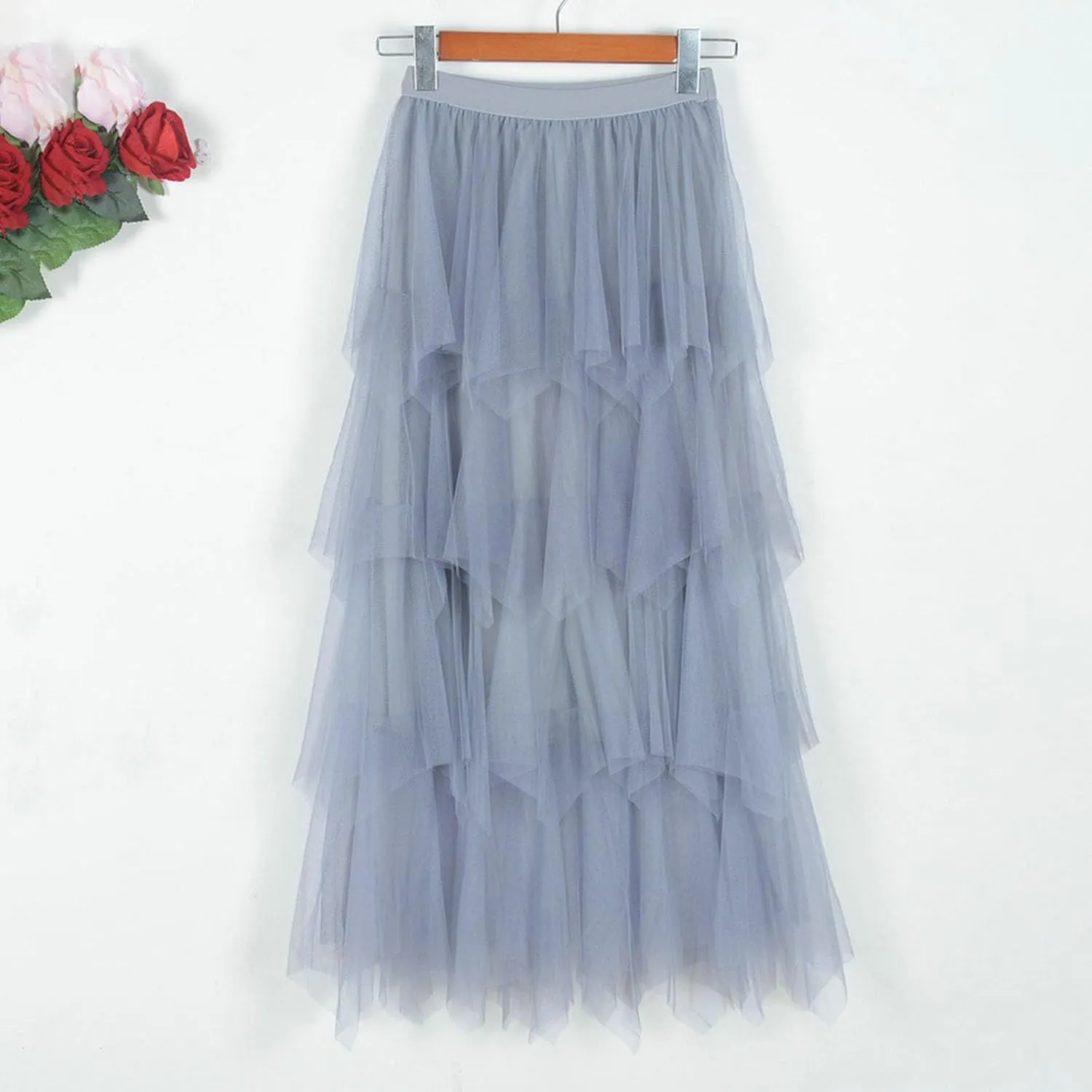 Summer Maxi Skirt for Women Multi Layer Pleated Sheer Ruffles A-Line Casual Long Skirts High Elastic Waist Dress