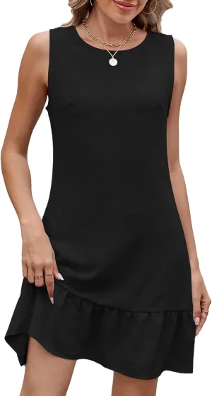 Summer Tank Dress for Women Crewneck Sleeveless Shift Tshirt Dresses Beach Boho Mini Sundress with Ruffle Hem