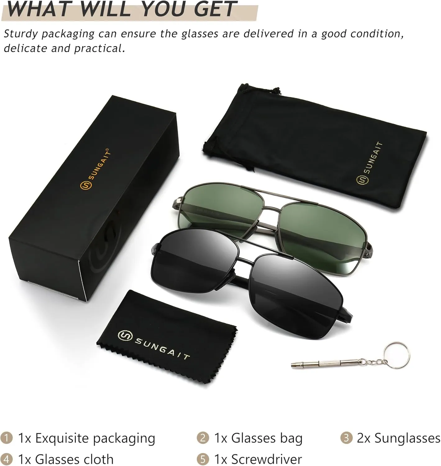 SUNGAIT Ultra Lightweight Rectangular Polarized Sunglasses UV400 Protection