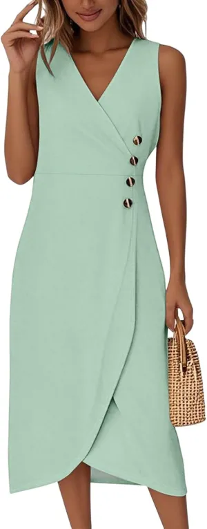 Tank Dresses for Women 2025 V Neck Button Down Empire Waist Dress Slit Overlapping Hem Sleeveless Midi Sundresses