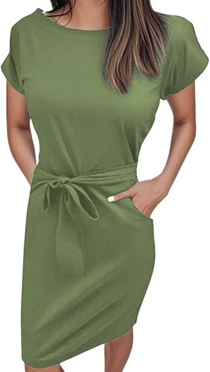 Tie Waist Dress Women Summer Short Sleeve T Shirt Dress Casual Crewneck Midi Dresses Business Dresses with Pockets