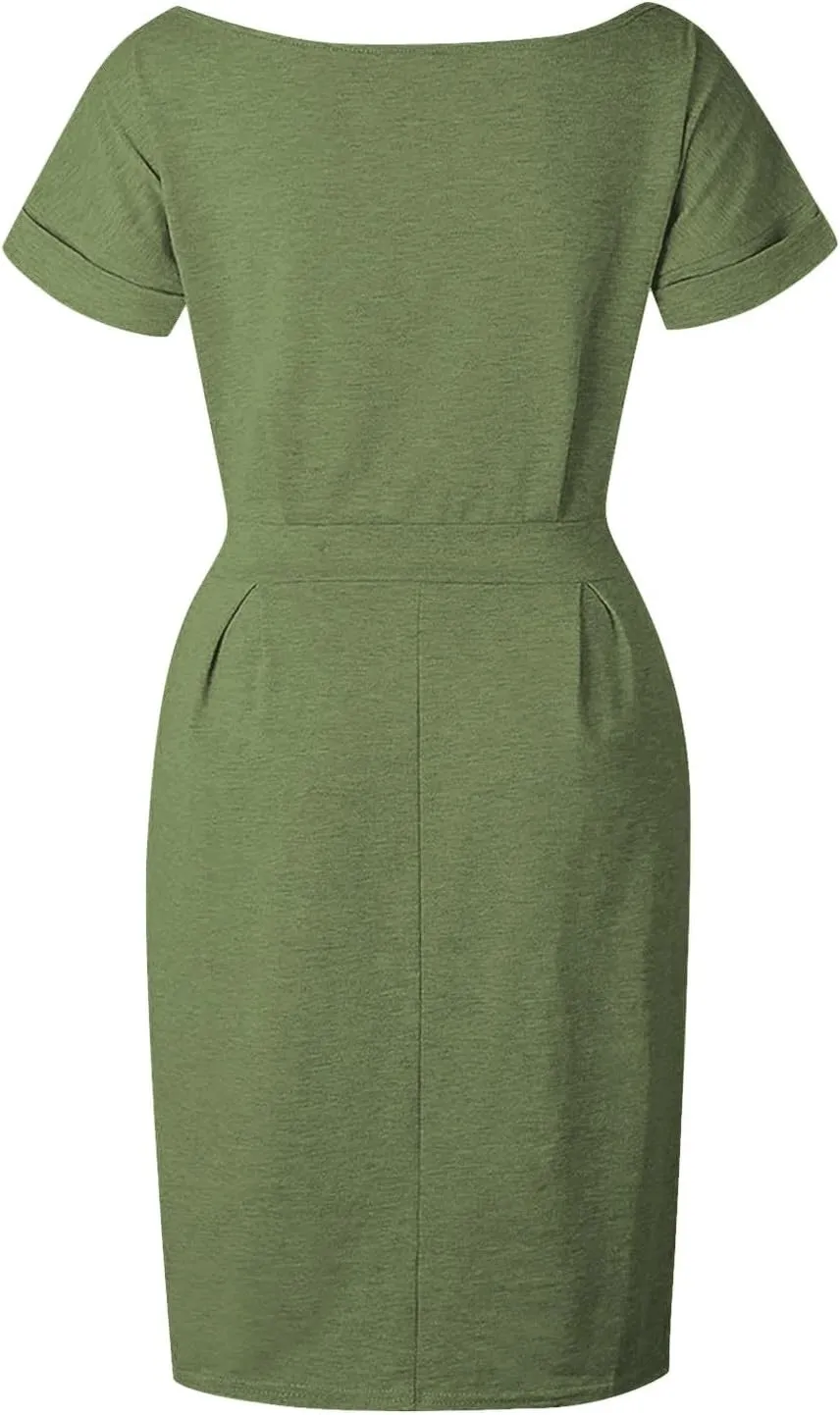 Tie Waist Dress Women Summer Short Sleeve T Shirt Dress Casual Crewneck Midi Dresses Business Dresses with Pockets