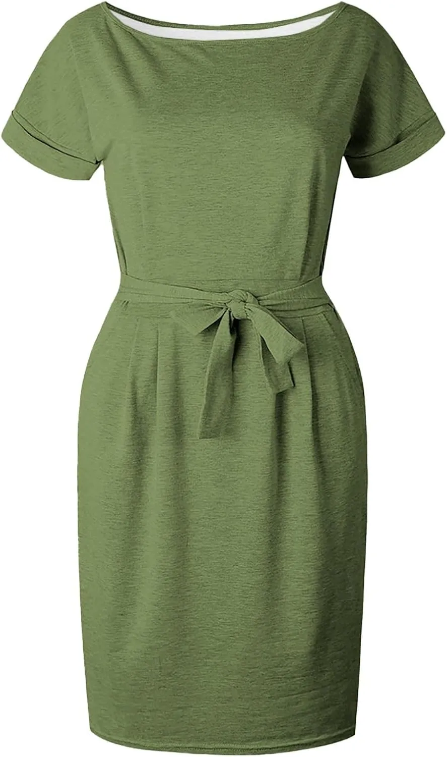 Tie Waist Dress Women Summer Short Sleeve T Shirt Dress Casual Crewneck Midi Dresses Business Dresses with Pockets