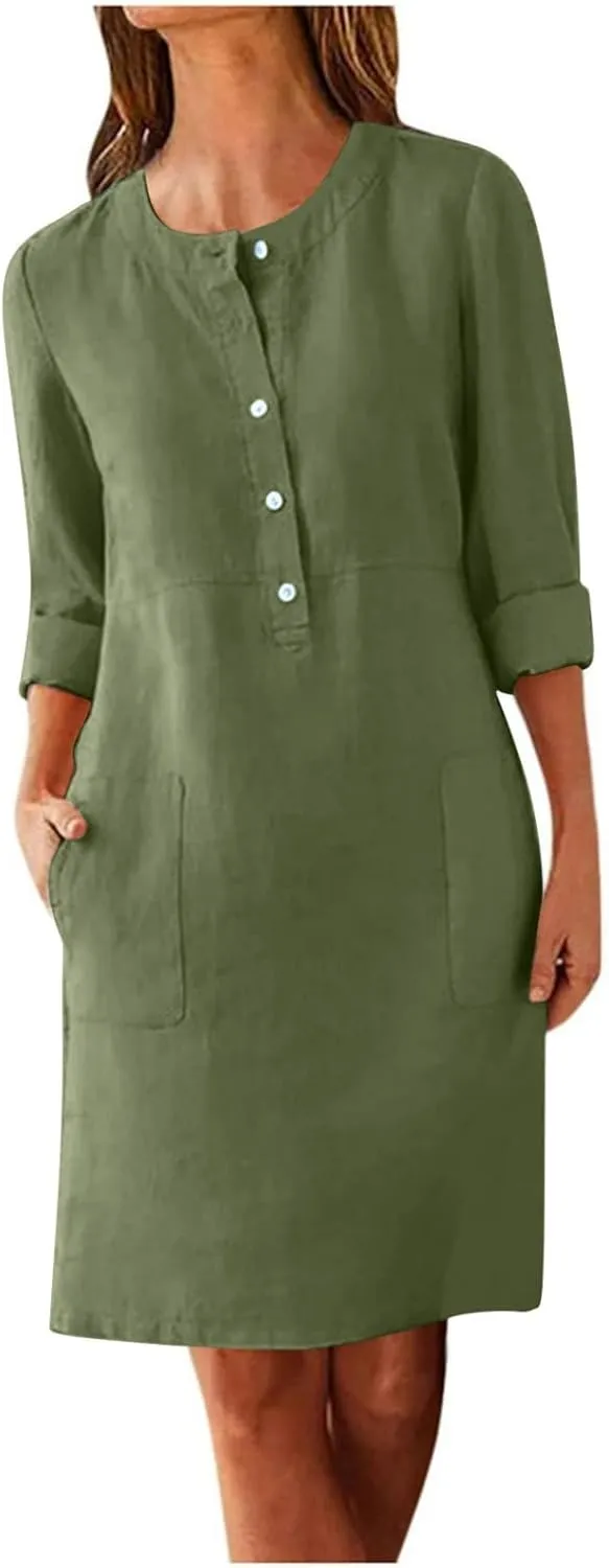 Tshirt Dress Women Half Button Down Linen Shirt Dresses with Pockets Round Neck 2025 Oversized Midi Shift Dress