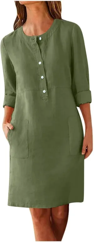 Tshirt Dress Women Half Button Down Linen Shirt Dresses with Pockets Round Neck 2025 Oversized Midi Shift Dress