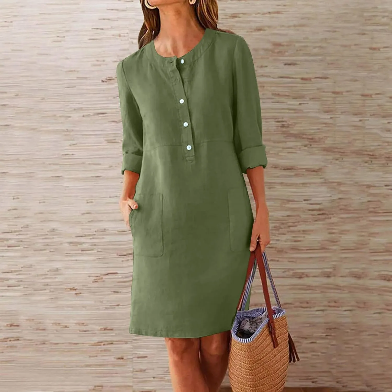 Tshirt Dress Women Half Button Down Linen Shirt Dresses with Pockets Round Neck 2025 Oversized Midi Shift Dress
