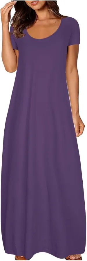 Tshirt Dresses for Women Casual Scoop Neck Short Sleeve Maxi Dress Summer Loose Plain Vacation Long Tee Shirts Dress