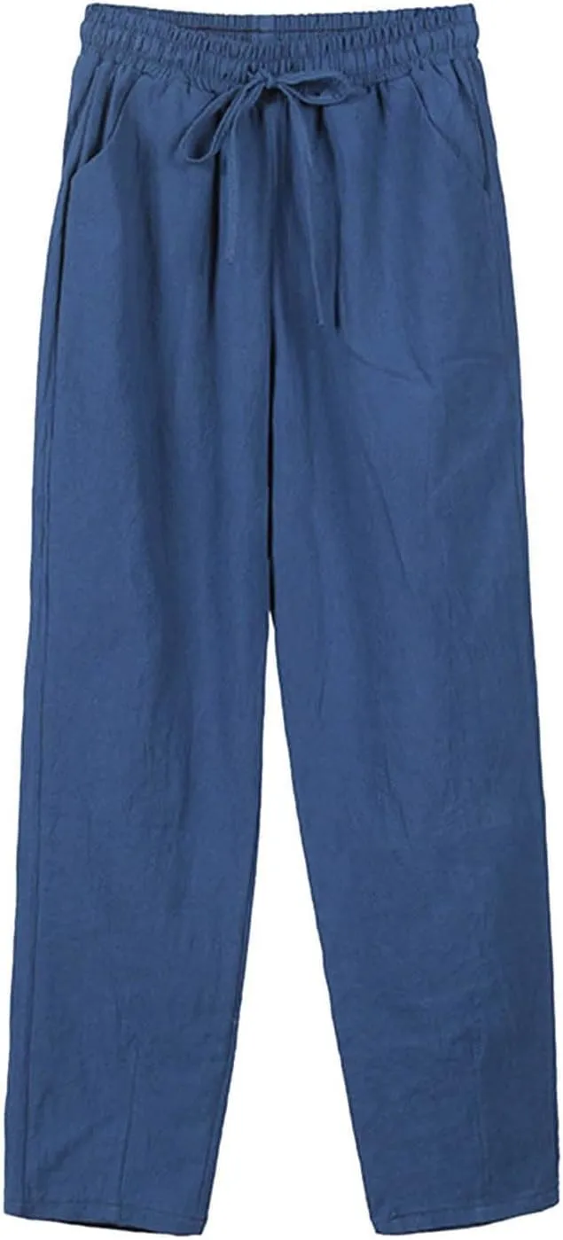 TUNUSKAT Womens Linen Capri Pants for Summer Lounge Elastic High Waisted Dress Capris Straight Leg 7/8 Trousers Beach Slacks