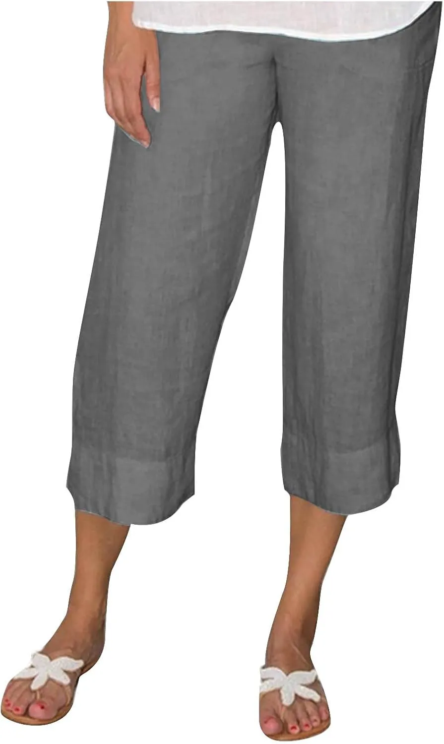 TUNUSKAT Womens Plus Size Linen Capri Pants Summer Lounge Cotton Wide Leg Capris Ladies High Waisted Boho Beach Crop Trousers