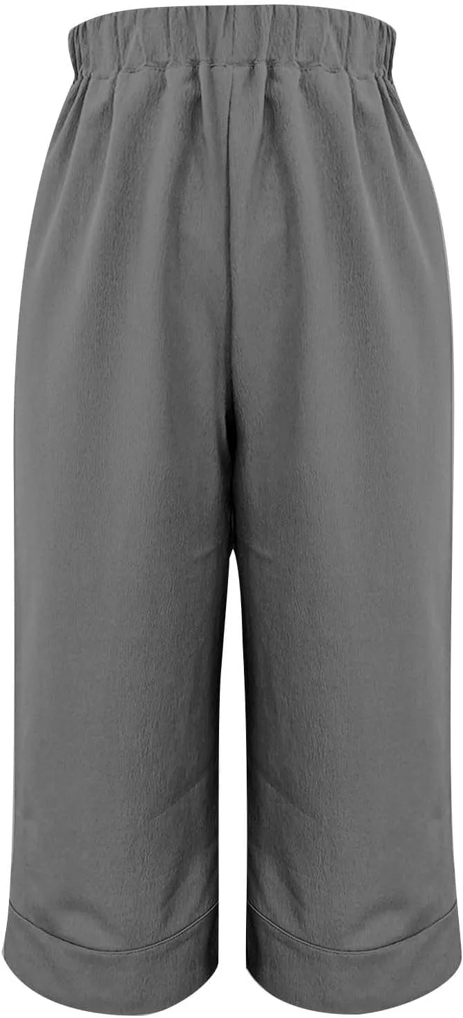 TUNUSKAT Womens Plus Size Linen Capri Pants Summer Lounge Cotton Wide Leg Capris Ladies High Waisted Boho Beach Crop Trousers