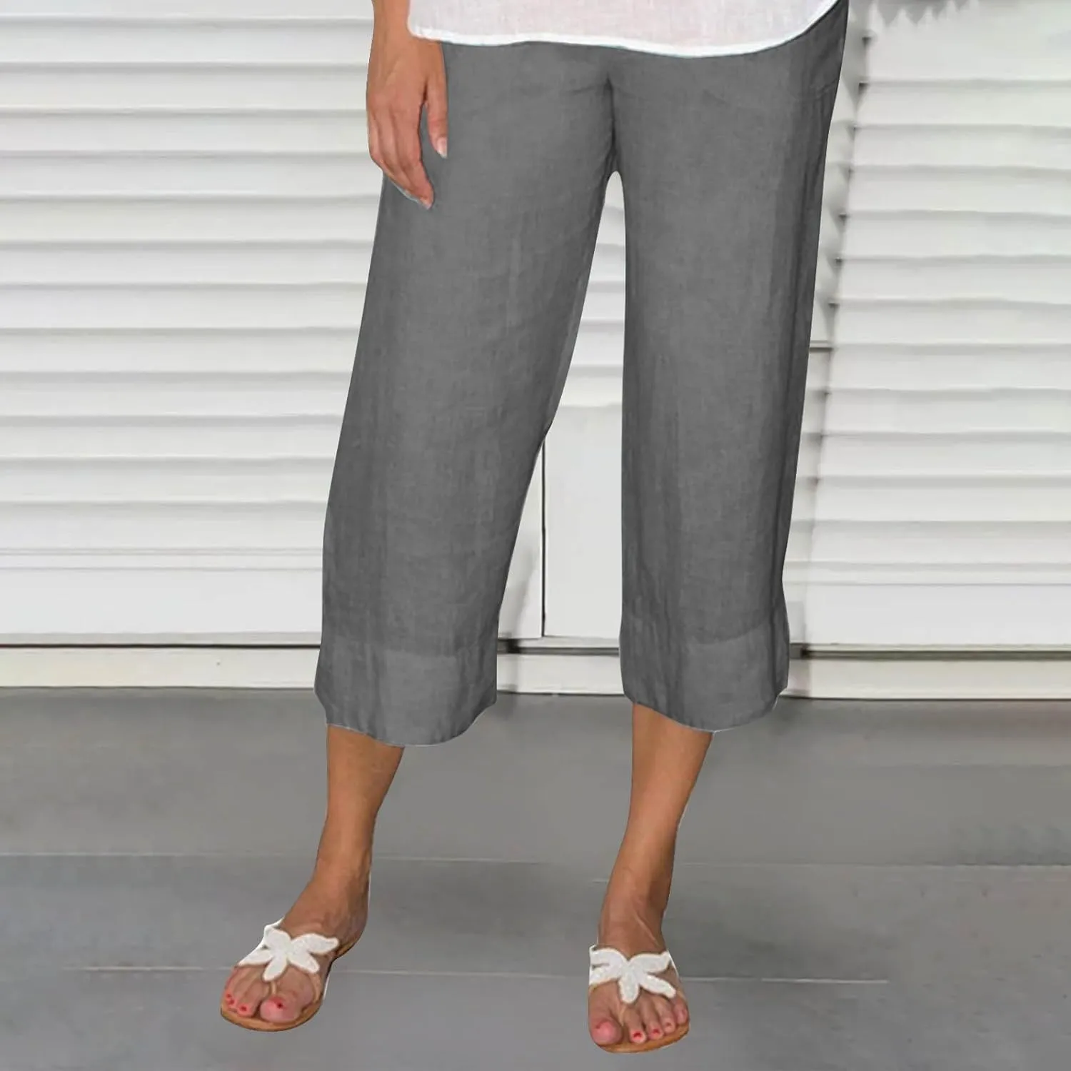 TUNUSKAT Womens Plus Size Linen Capri Pants Summer Lounge Cotton Wide Leg Capris Ladies High Waisted Boho Beach Crop Trousers