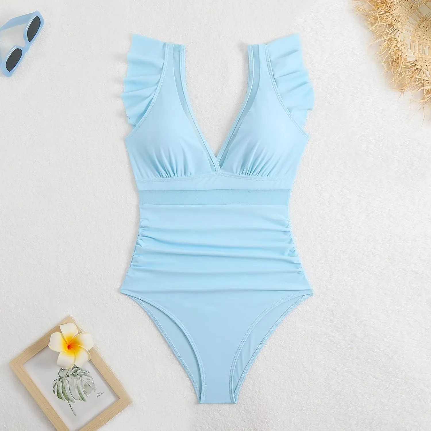 TUQIDEWU Swimsuits for Women 2025 Bathing Suit for Women Tummy Control Sexy V Neck Backless Mesh Ruffled One Piece Swimsuits