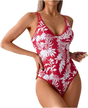 TUQIDEWU Tummy Control Swimsuits for Women One Piece Swimsuit Women Floral Print V Neck Push Up Backless Bathing Suit