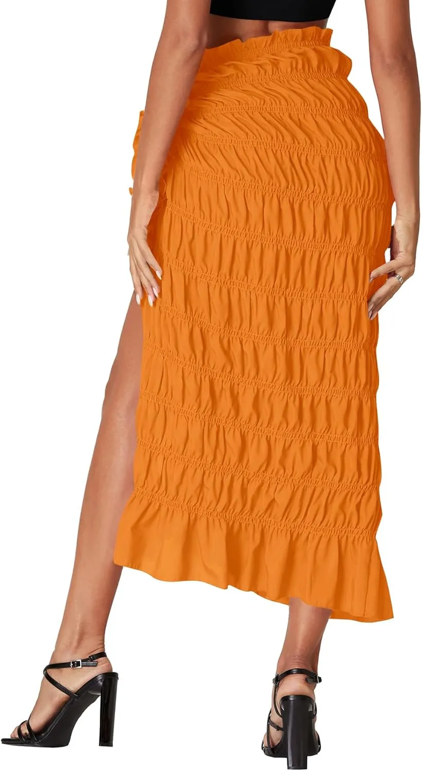Umenlele Women's Smocked Ruched Tie Knot Ruffle Beach Sarongs Swimsuit Cover Up Split Maxi Skirt