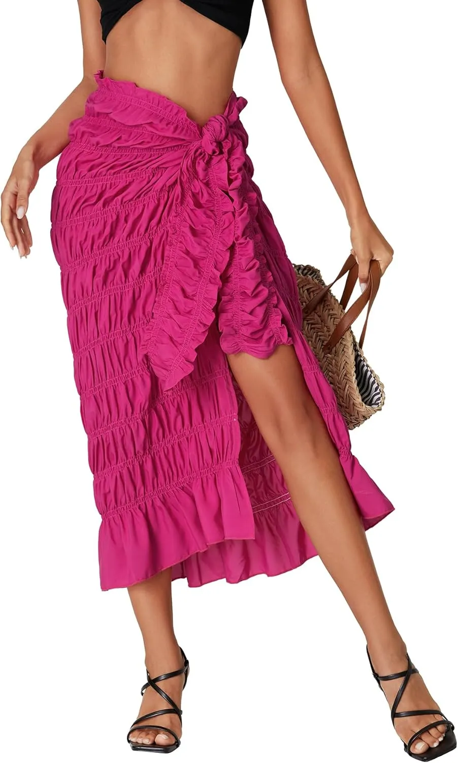 Umenlele Women's Smocked Ruched Tie Knot Ruffle Beach Sarongs Swimsuit Cover Up Split Maxi Skirt